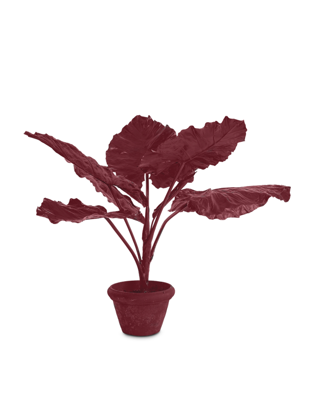 Burgundy red Plastic leavesIron inside plastic stemClay pot