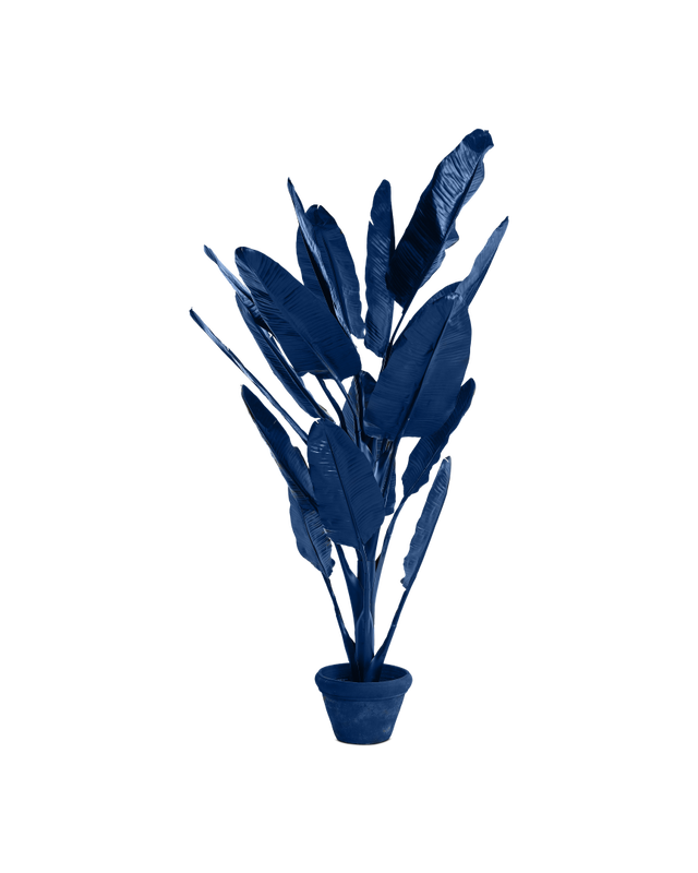 Dark blue Plastic leavesIron inside plastic stemClay pot