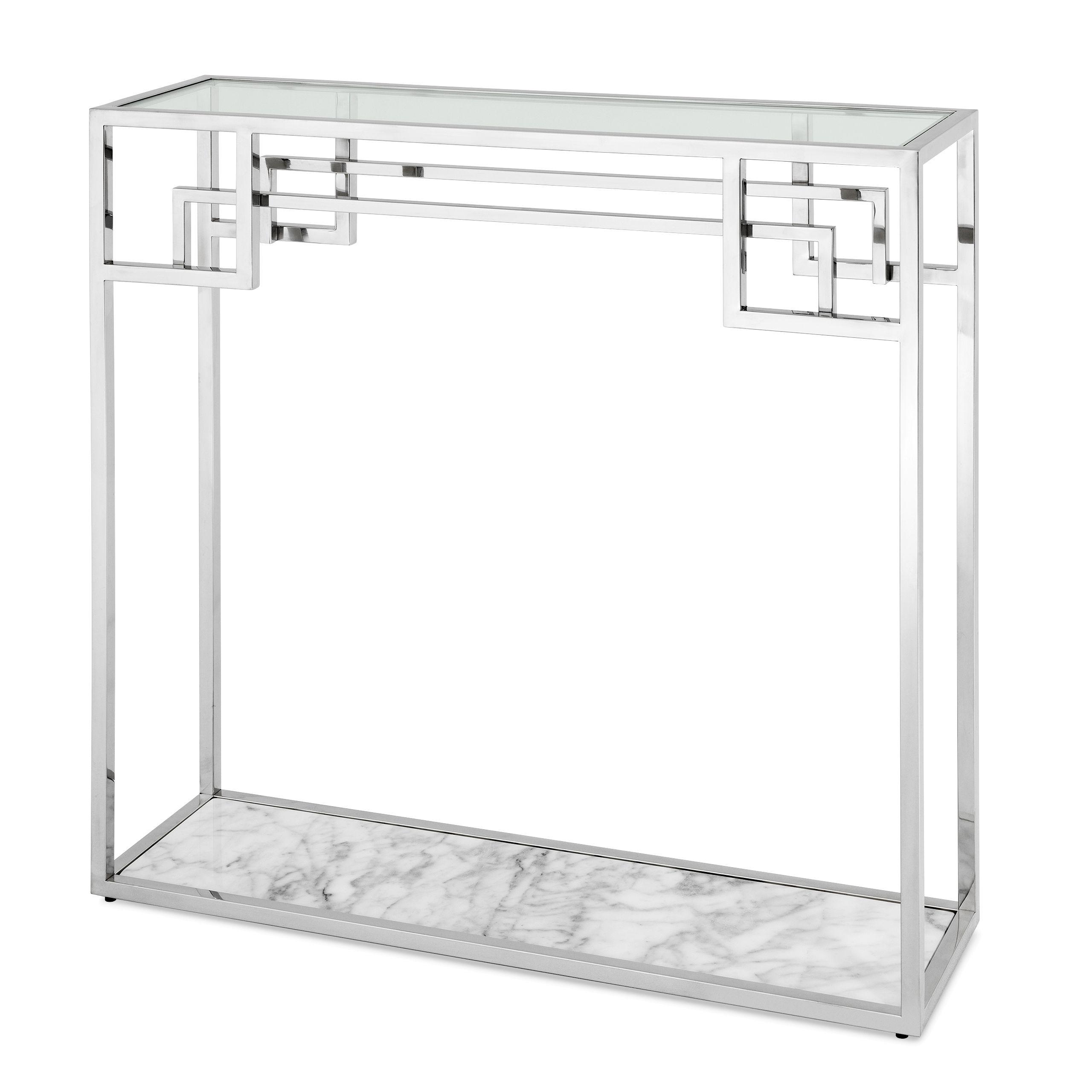 polished stainless steel | white marble | clear glass