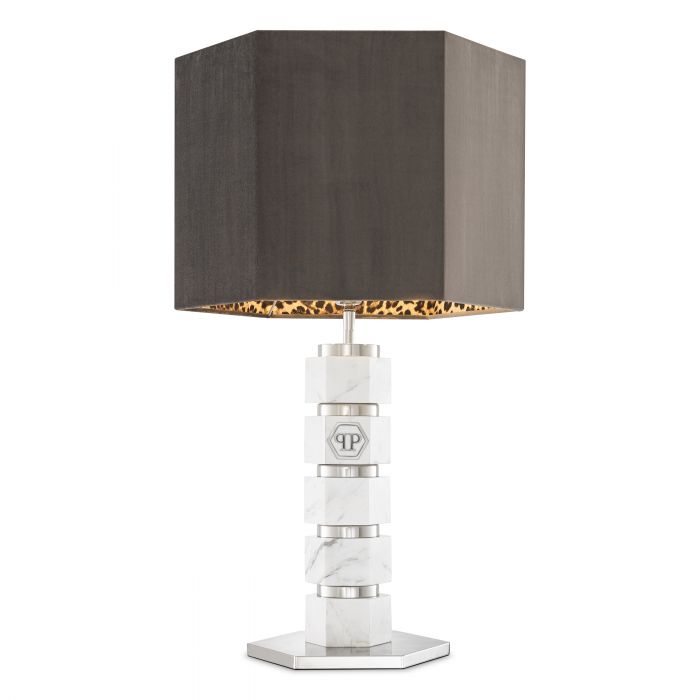 white marble base | polished nickel frame | grey velvet shade with leopard lining