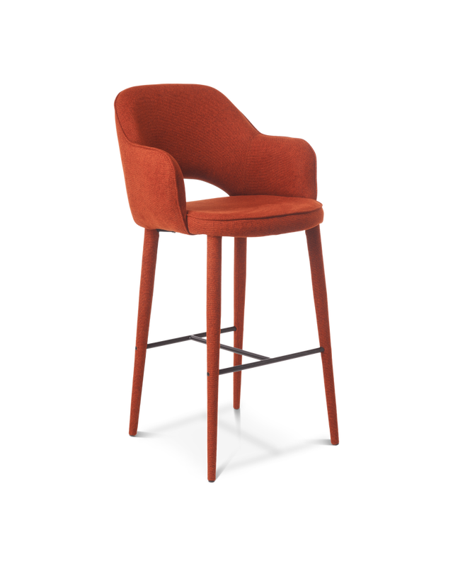 Rust red Metal frameupholstered legsand metal foot restChair can be lowered 10 cm